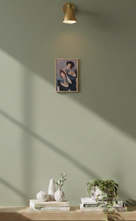 mock up of Listening Together an original figurative painting expressing closeness, attentiveness, and emotional connection in a quiet, intimate moment.