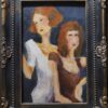 "Tethered: A contemporary painting of two elongated female figures leaning on one another against a dark indigo background."
