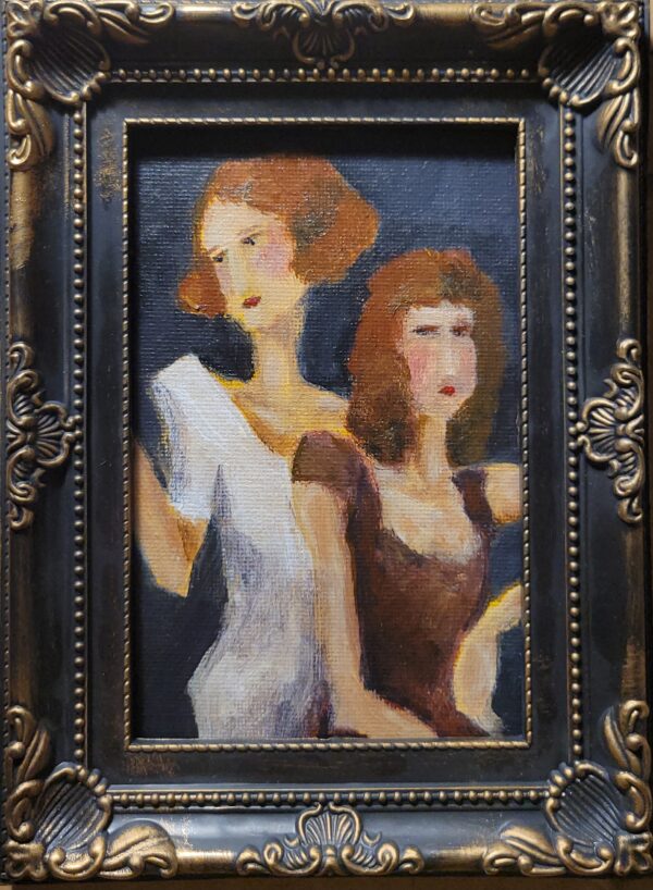 "Tethered: A contemporary painting of two elongated female figures leaning on one another against a dark indigo background."