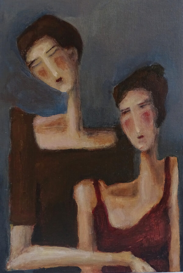 Original romantic figurative painting of two figures in a quiet, intimate moment, expressing emotional closeness and tenderness.