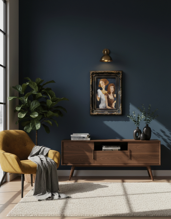 "Tethered: A contemporary painting of two elongated female figures leaning on one another against a dark indigo background."
